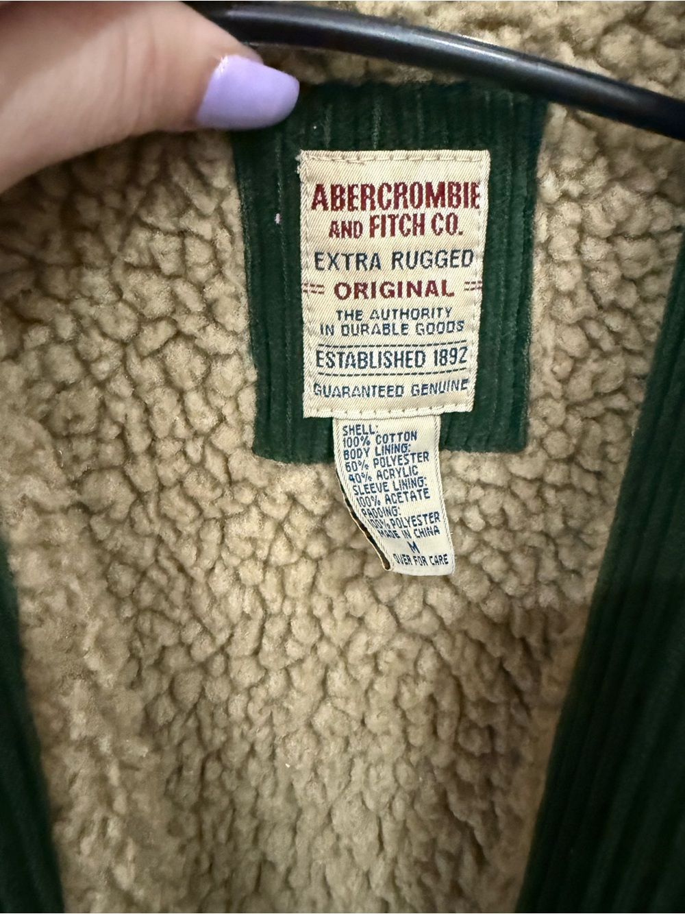 Abercrombie & Fitch Sherpa Lined Corduroy Coat Jacket Mens Medium Green Vintage - Picture 3 of 4